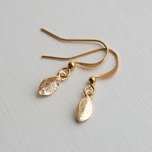 Gold Mini Leaf Drop Earrings - Nature Minimalist Ladies Small Dangle Earrings UK - Picture 1 of 6