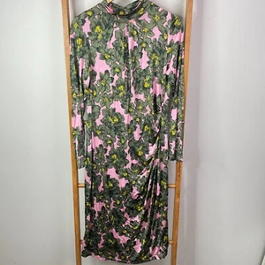 Moss & Spy Maxi Dress Womens 14 Pink Green Floral Long Sleeve Mock Neck Casual - Picture 1 of 12