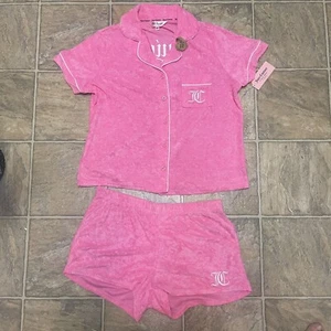 NWT JUICY COUTURE Pajama Set Top & Sleep Short Pink Loungewear Terry Size L #B - Picture 1 of 2