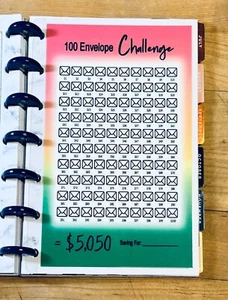 100 Envelope Savings Challenge Dashboard Insert 4 use w/ Mini Happy Planner- - Picture 1 of 3