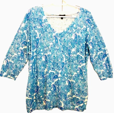 Talbots Plus 毛衣上衣女式蓝色佩斯利 V 领 3/4 袖棉质针织 - 1X — 第 1/4 张图片