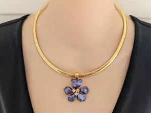 Kenneth Jay Lane Flower Girl Purple Enamel Enhancer/Pendant Omega Necklace 18" - Picture 1 of 4