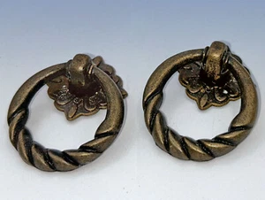 Pair of Antiqued Bronze Door Knocker Drawer Pulls Ring Drop Cabinet Knobs 1-3/8" - Picture 1 of 3