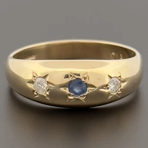 9ct Yellow Gold Sapphire & Diamond Three Stone Ring Size P Hallmarked - Picture 1 of 10