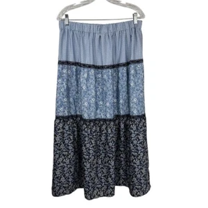 H by Halston Tiered Floral Lace Satin Skirt Size XL Maxi Blue Black Prairie Boho - Picture 1 of 9
