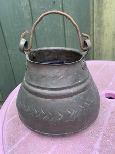 Primitive Antique Copper Pot Cauldron Hammered Rustic Cook Pot Wrought Iron Hand - Picture 1 of 6