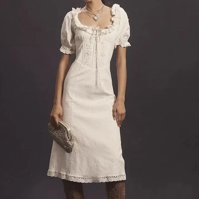 $289 NWOT Ivory For Love And Lemons “Adelie” Puff Sleeve Midi Dress Sz Small - Image 1 of 4