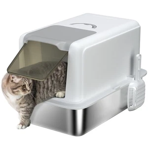 Caja de arena para gatos PawHut de acero inoxidable con tapa extraíble, cuchara, blanca - Imagen 1 de 11