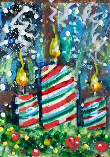 ACEO Original PAINTING Christmas CANDLES Window Winter Snow Landscape ATC ART - Image 1 of 1