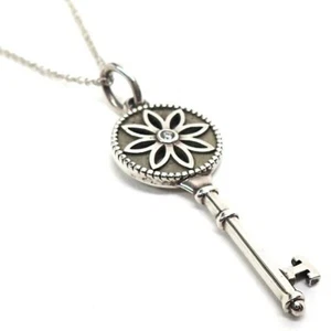 Tiffany & Co. Daisy Key Flower Diamond Necklace Pendant Sterling Silver 925 18" - Picture 1 of 4