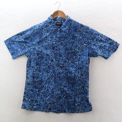 Lands End Shirt Men's Medium Blue Hawaiian Short Sleeve Floral Classic Preppy - Image 1 of 4