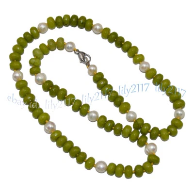 Faceted Green Peridot 5x8mm Rondelle Gemstone Beads 7-8mm White Pearl Necklace - Image 1 of 4