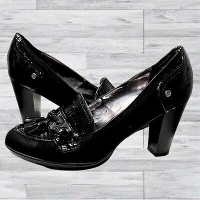 "Tacones Dana Buchman 10M DB Ruth negros hechos por el hombre 3,5"" hebilla plateada/borla" Foto 1 de 4