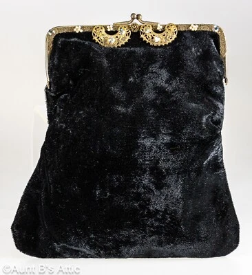Bolso clutch de terciopelo negro de colección marco de latón decorativo con joyas y perlas 8" x 7" Foto 1 de 4