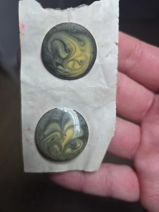 vintage black beige sparkly swirly enamel earrings discs Round Flat Pierced - Picture 1 of 7