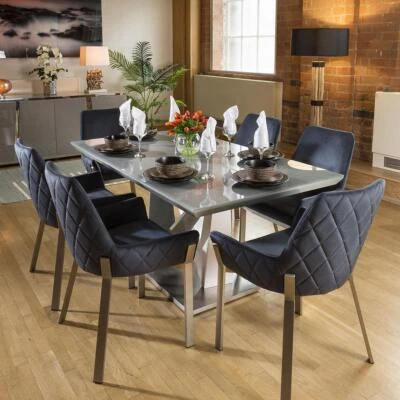 Modern 6 Seater Glass Dining Table And Chairs Set Grey Blue Fabric - Image 1 of 4