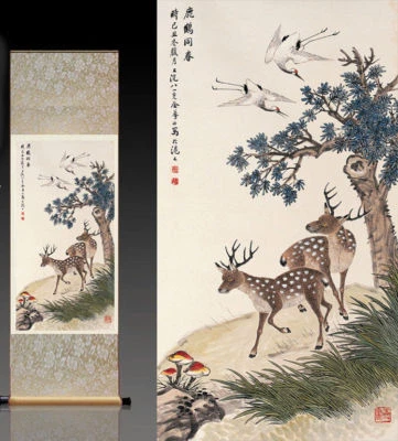 Chinese Silk Scroll Painting crane Deer Home Office Decoration (Wanhua) - - Image 1 of 3