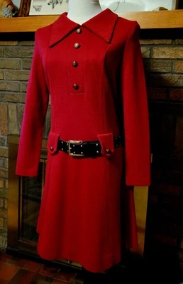 Mod 60s Quant-style mini vestido corto, cinturón de cadera, tejido de lana roja, busto 36", cadera 38" Foto 1 de 4