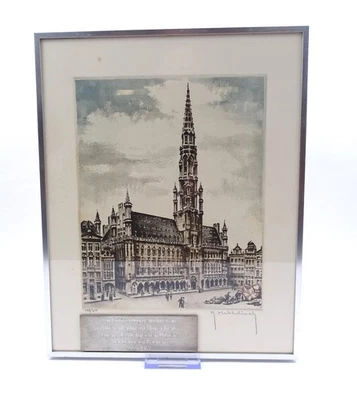 Roger Hebbelinck 1912-1987 Radierung coloriert Rathaus Brüssel Grand Place sign. - Bild 1 von 4