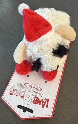 Multipet CHRISTMAS/HOLIDAY Lyingdown Lamb Chop SANTA HAT Squeaky Dog Toy 7" - Image 1 of 3