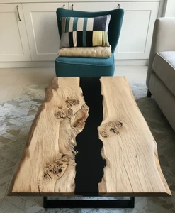 Handmade Black River Epoxy Table Top Live Edge Wood Resin Dining/Coffee Table - Picture 1 of 11