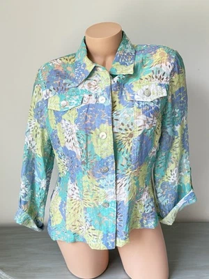 Ruby Rd L Shacket Coastal Top Floral Shirt Jacket Burnout Roll Tab Sleeve 12 - Image 1 of 4