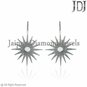 Starburst Dangle Earrings Moonstone Pave Diamond 925 Silver MOTHERS GIFT Jewelry - Picture 1 of 6