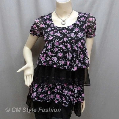 Top Babydoll Floral de Gasa con Capas Negro Rosa XS Foto 1 de 4