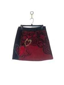 Desigual Women’s Tweed Skirt Size 38 Red Black Paisley Velvet Patterned Artsy - Picture 1 of 9