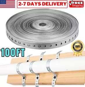 100' Galvanized Metal Pipe Strap w/ Holes Pipe Hanger Support Duct Band Fastener - Picture 1 of 23