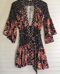 Easel Mixed Floral Kimono Cover-Up Robe Patchwork Tiered Festival Beach Boho S - Picture 1 of 16