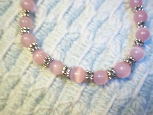 Handmade 8 1/2 in PINK Cat Eye and Tibetan Silver Bead BRACELET G-27 - Picture 1 of 3