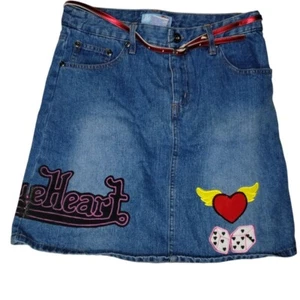 Blue Heart Jeans Denim Mini Skirt Y2K Heart Dice Painted Patches Womens Size 16 - Picture 1 of 12