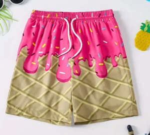 Boys Baseball Pink Ice Cream Waffle Cone Drip Sprinkles Swim Trunks Lined Shorts - Picture 1 of 3