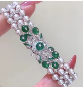 CZ Pearl Emerald 925 Sterling Silver Bracelet - Picture 1 of 3