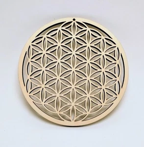 fleur de vie en bois, dessous de plat, recharge aliments et eau 14 cm   B3 - Imagen 1 de 2