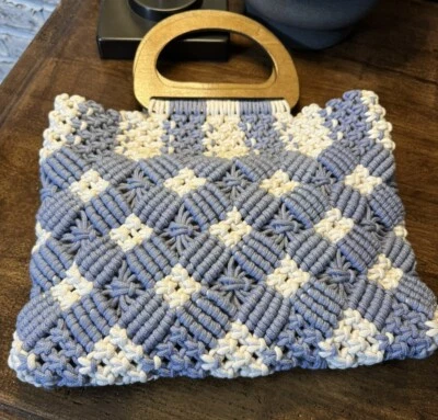 New Macrame Crochet Handbag White And Blue Wood Handle 1970's Boho Festival - Image 1 of 4