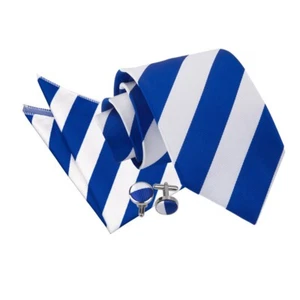 Royal Blue And White Striped Classic Slim Tie Pocket Square Cufflinks Set by DQT - Picture 1 of 9