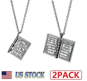 2x Unisex Silver Bible Open Pages Pendant Necklace Lord's Prayer Stainless Steel - Picture 1 of 12