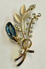 Simply Beautiful Art Deco Sapphire Crystal And Perals Flower Gold Tone Brooch