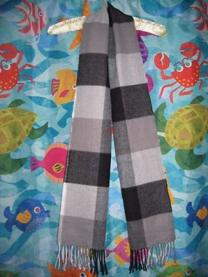 Bufanda unisex Escocia negra/gris/marfil a cuadros 100 % cachemir con flecos 11,5" x 63" Foto 1 de 4