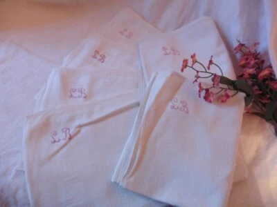 LOT DE 6 TORCHONS FINS DAMASSEDAMASSÉ PUR LIN BLANC MONO ROUGE "LB"63X76 CM - Photo 1/4