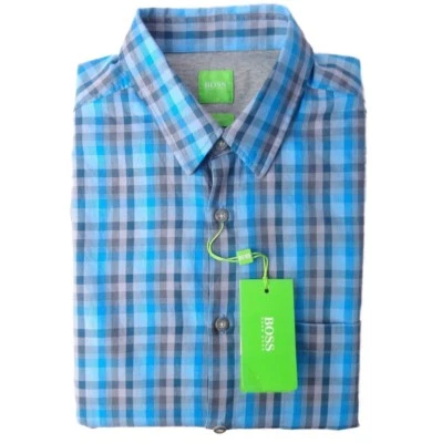 NOVO US$ 198 Hugo Boss etiqueta verde azul xadrez/cheques esporte/vestido camisa | Médio - Imagem 1 de 4