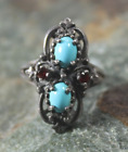 Vintage Turquoise Cocktail Statement Band Ring Size 6.75 Sterling Silver Garnet