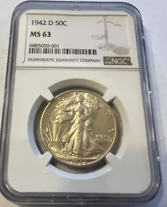 1942 D Walking Liberty Half Dollar, US 50C 90% Silver Coin, White, NGC MS 63 - Picture 1 of 5
