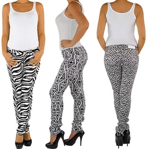 Damen Röhrenhose Stretch Hüfthose Jeans Optik Skinny Zebra Leoparden Muster - Bild 1 von 5