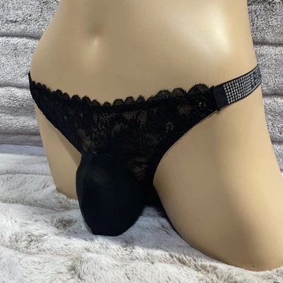 Perizoma Bling 30-42 XL Nero Pizzo Shinestrap Trans Donna Uomo Sexy Pouch Mutandine - Immagine 1 di 4