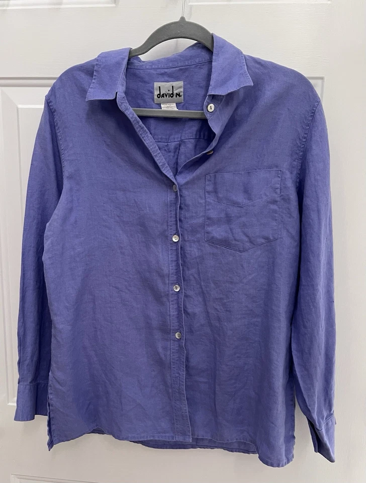 Camiseta de mujer David N con botones manga larga talla grande azul púrpura 100 % lino Foto 1 de 4