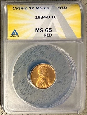 1934-D Lincoln Cent (Wheat Penny), ANACS MS-65 RD, Scarce High Grade! - Image 1 of 2
