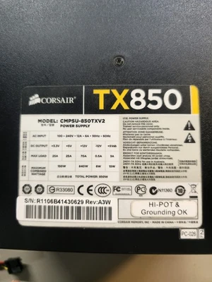 Fuente de alimentación Corsair TX850 850W modelo CMPSU-850TXV2 probada y funcionando Foto 1 de 2